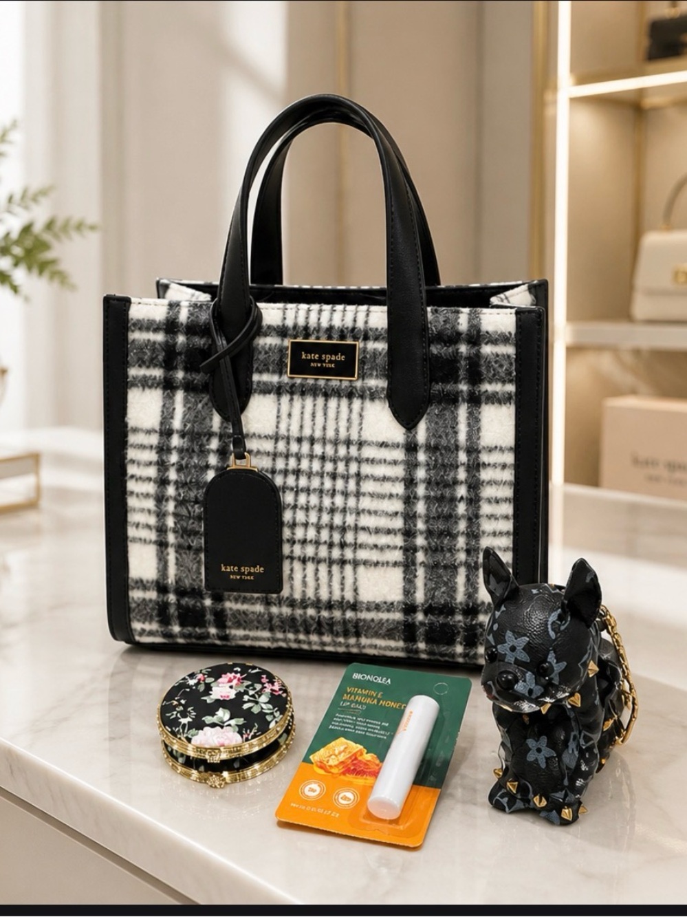 kate spade Black and White Plaid Tote EUC & accessories